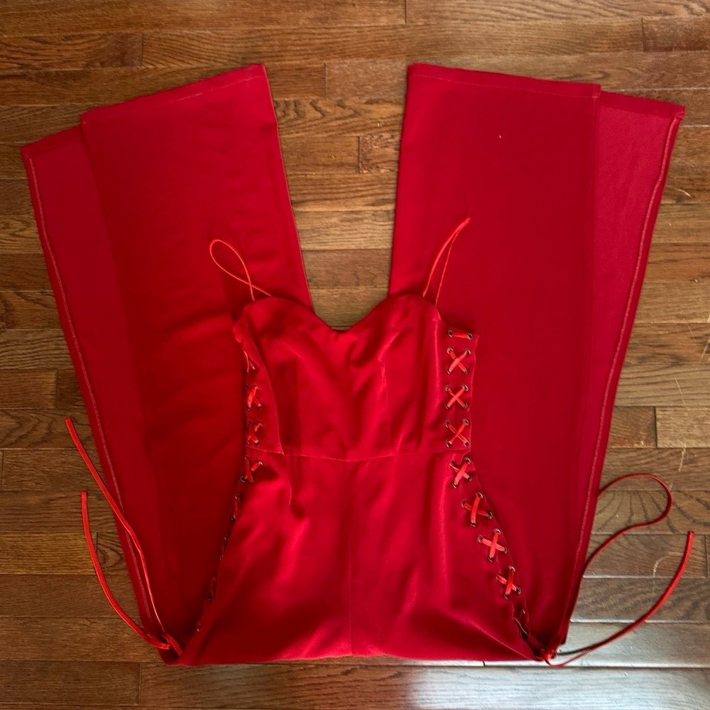 Vintage Pitcha Clothier Lace Up Corset Sides Grunge Palazzo Jumpsuit Red Small